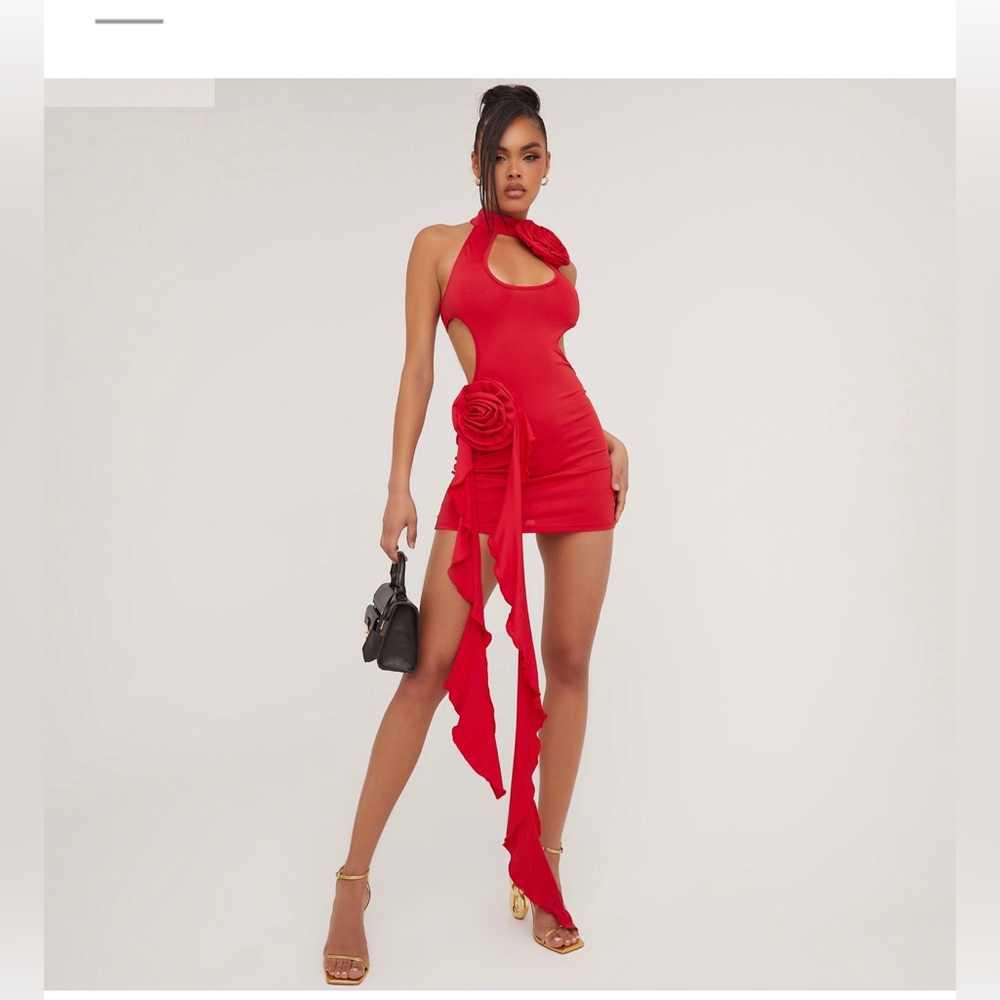HIGH NECK KEYHOLE ROSE FRILL DETAIL MINI BODYCON DRESS IN RED